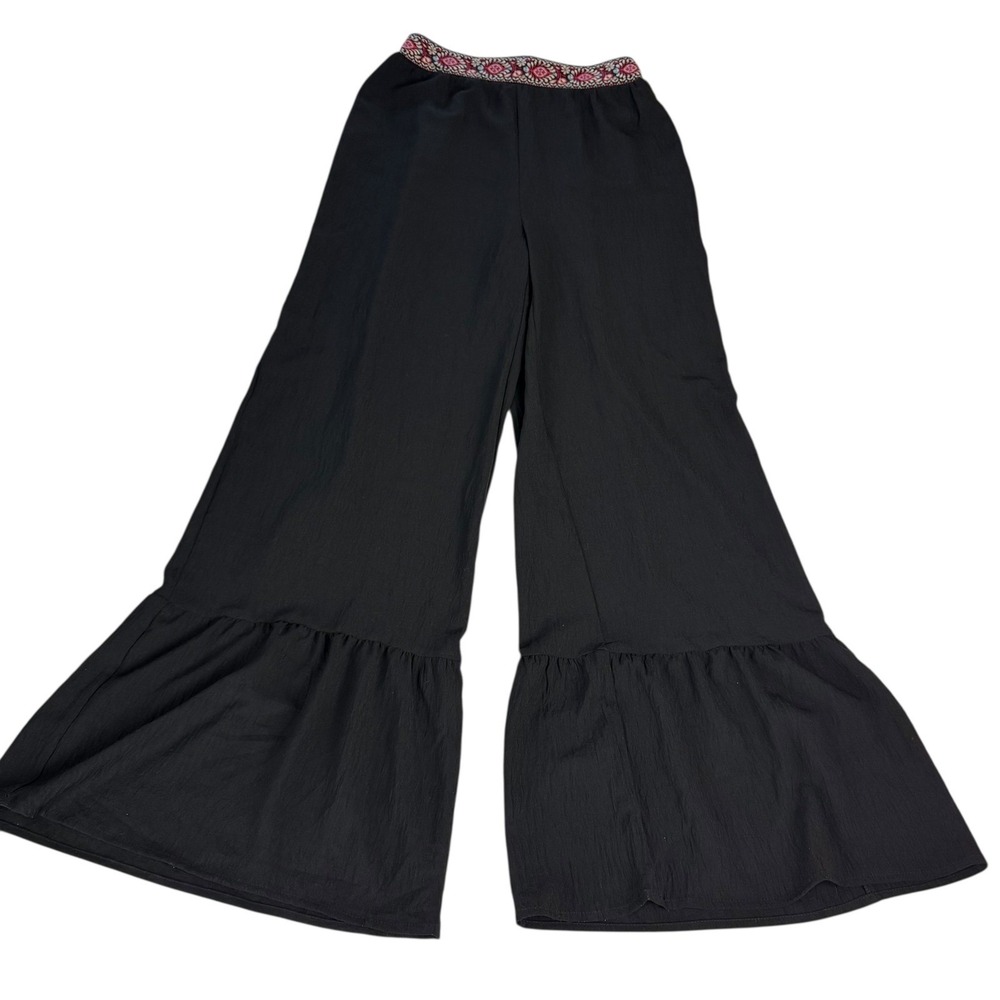 LUUKSE Black Embroidered Waist Wide Leg Palazzo Pants Women's Size Medium